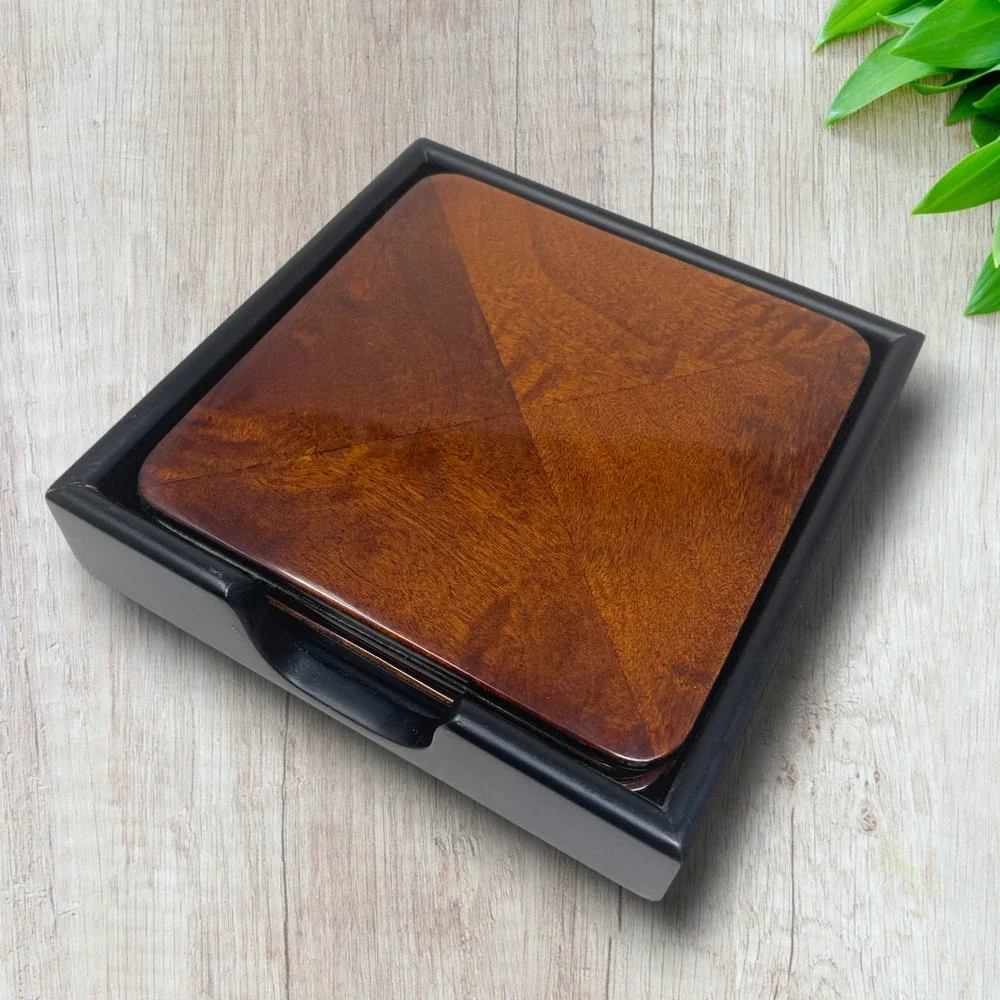 Vintage Bombay Company Wood Veneer Coasters Holder Set 4 Bookmatched Felt Back